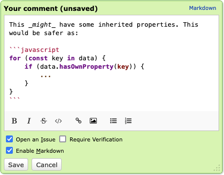 A screenshot of the Comment Dialog, showing an example comment being typed that includes Markdown formatting and a JavaScript code sample being recommended. There are two checked checkboxes: "Open an Issue" and "Enable Markdown". There's one unchecked checkbox: "Require Verification".