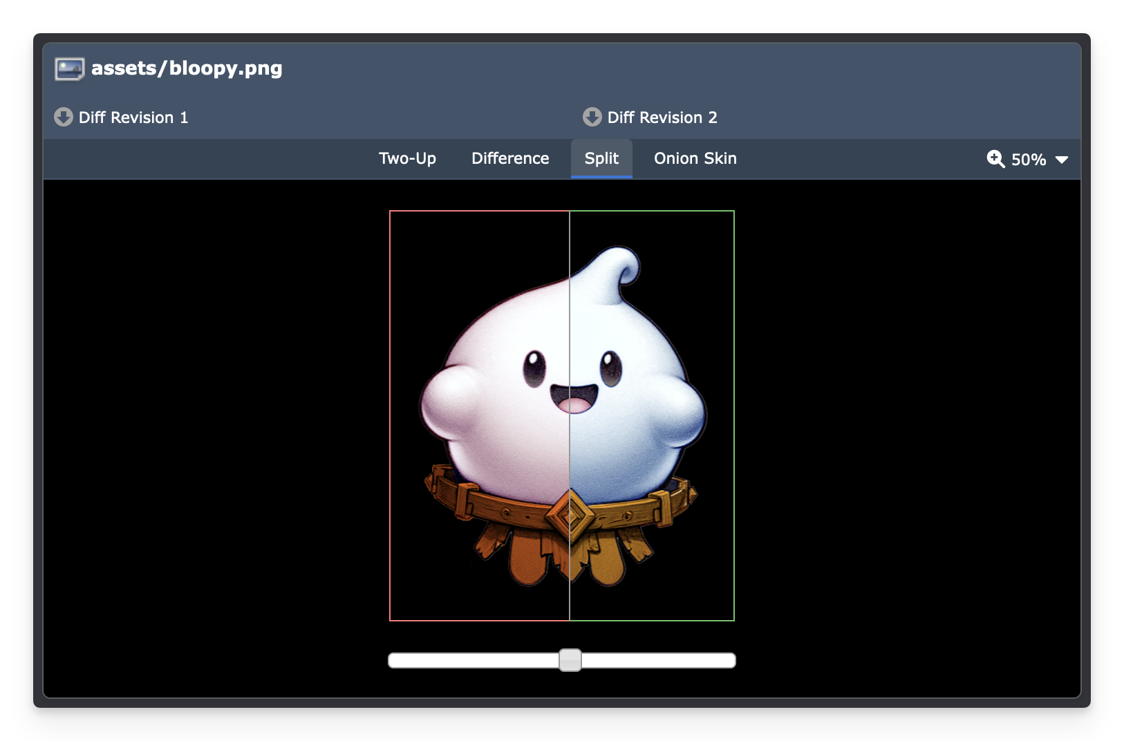 An image of a diff of two colorations for a ghostly blob character with a wooden belt, built for a game