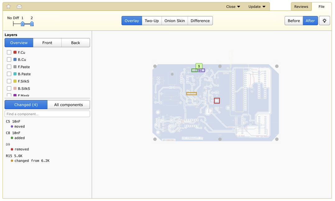 Screenshot of a PCB layout being reviewed, listing the components that changed between two revisions
