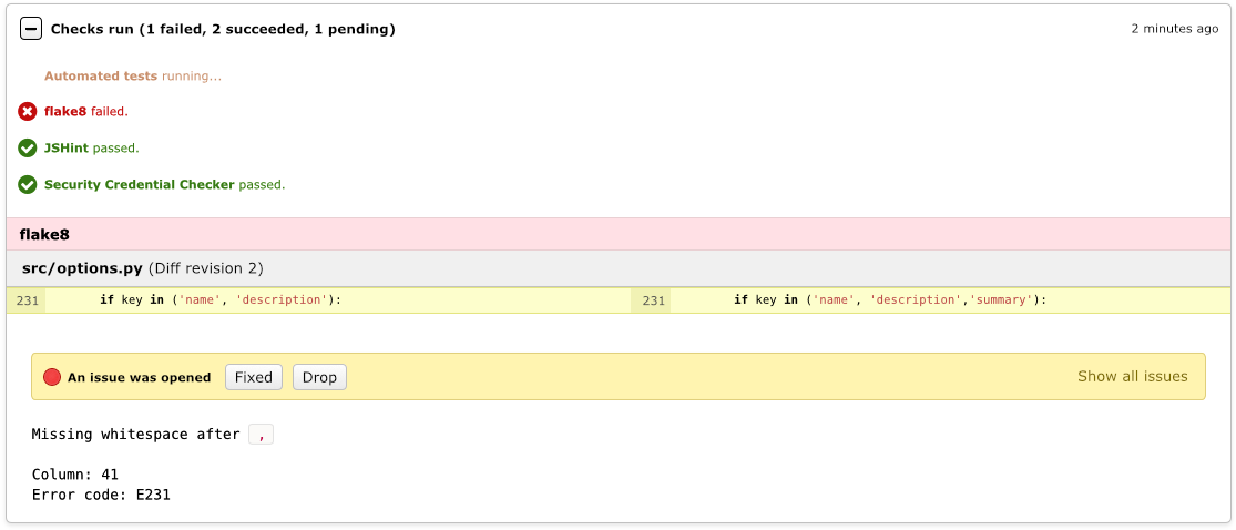 Screenshot of Review Bot automated code review results.