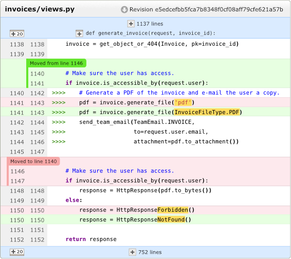Screenshot of code being reviewed in the diff viewer
