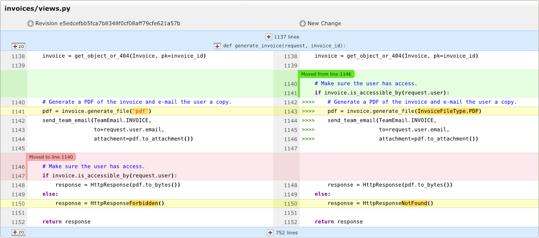 Screenshot of code being reviewed in the diff viewer